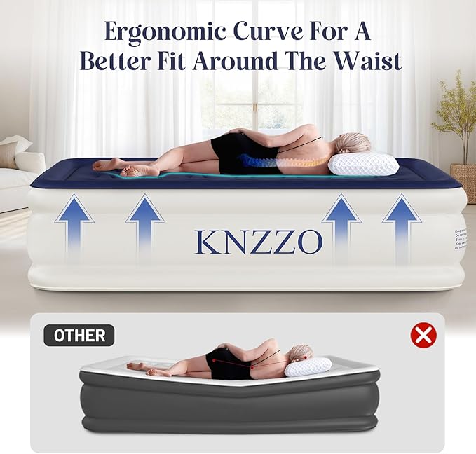 KNZZO Air Mattress Twin with Built-in Pump, Blow Up Mattress with Soft Flocked Top, Leakproof Inflatable Mattress, Foldable Waterproof Air Bed for Home, Guests, Camping, with Storage Bag