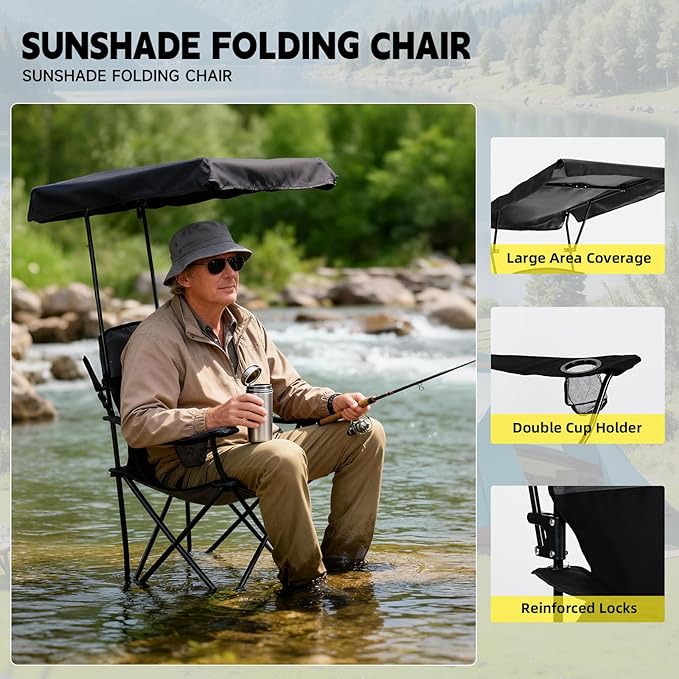 YOUNG WOOD Camping Chair with Canopy, Beach Chair with Shade,Portable,Lightweight Oversized for All, Easy to Open and Close Without Installation, Side Pocket Design for All Outdoor Activities,Black