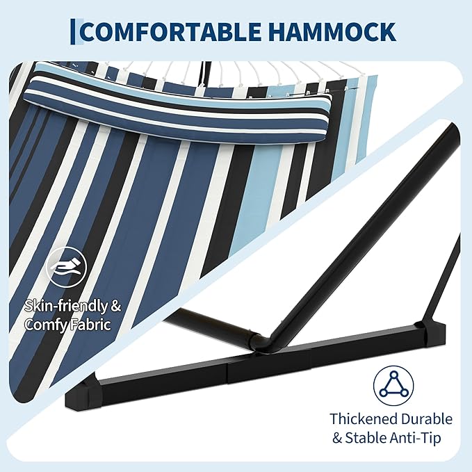 Garvee 2 Person Hammock with Stand for Outside, Double Hammock with Stand and Pillow, Max 450 Lbs Capacity with Balance Rope, Large Hammock for Outdoor Patio Backyard Poolside