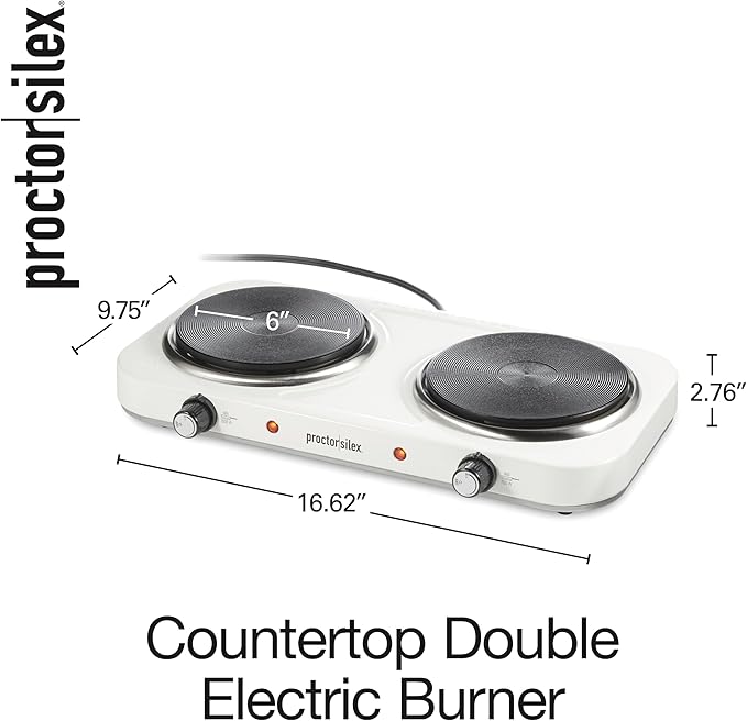 Proctor Silex Portable Electric Stove, Cast Iron Double Burner Cooktop, Compact, Adjustable Temperature Hot Plate, 1700 Watts, White (34117)