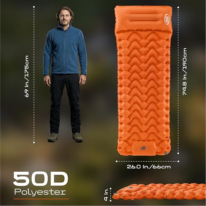 CKG Camping Sleeping Pad with Thermal Barrier, Ultralight Camping Mat 4in Thick with Pillow, Built-in Foot Pump Inflatable Sleeping Pad for Hiking Tent Road Trip Car Camp Travel Gear, Orange