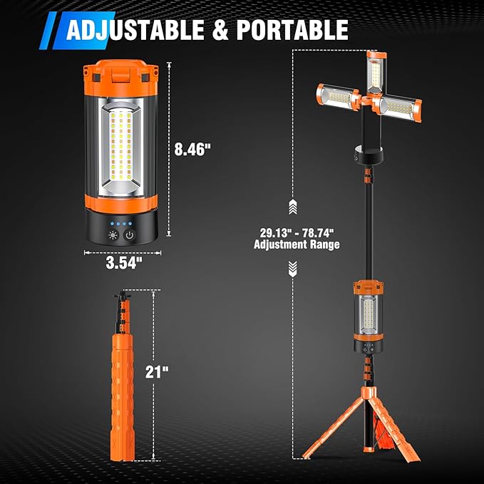 AKOFUN 12000mAh Camping Light with Stand, Rechargeable Work Light, 10000 Lumen Dimmable Cordless Work Light with 3 LED Lamp Heads, Magnetic Emergency Flashlight with 79" Detachable Tripod