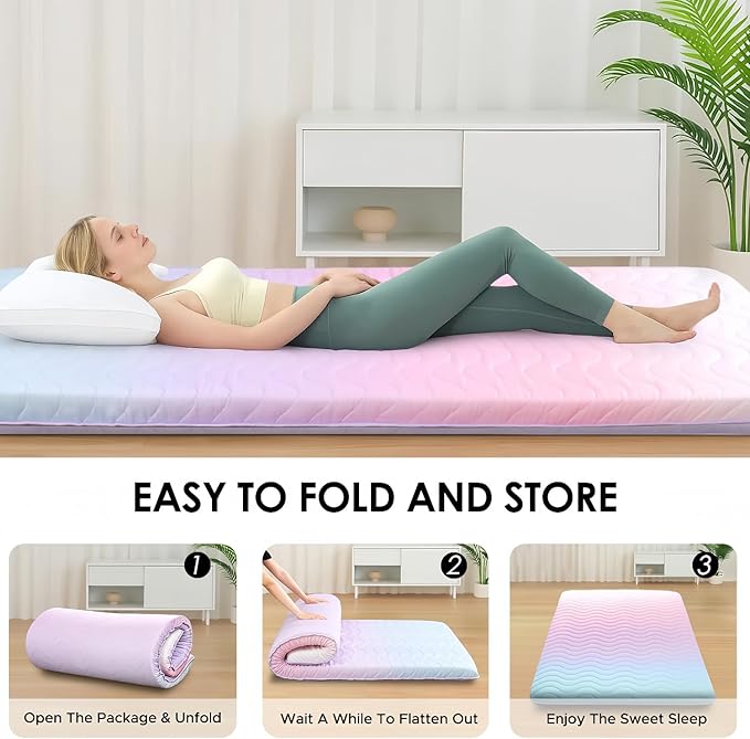 SCHNAUZER HOME Japanese Floor Futon Mattress, 3.5" Thicken Colorful Rainbow Portable Floor Mattress, High-Density Foam Tatami Mat Sleeping Pad for Camping Guest Room Dormitory RV, Full