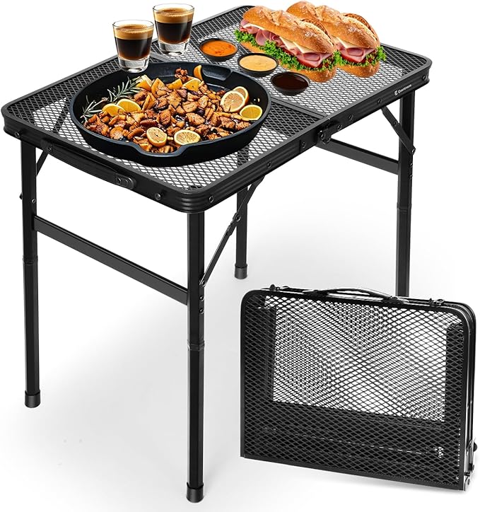 2Ft Small Folding Table with Carry Handle, Camping Table Adjustable Height 10.6–22 in, Black Metal Mesh, Portable & Compact for Outdoor/Indoor,Grill Table, 23.6×15.8 in, 4 lb, 66 lb Capacity