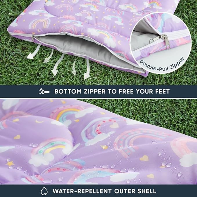 Wake In Cloud - Kids Sleeping Bag for Girls Toddlers, Camping in Warm Cold Weather, Backpacking Lightweight Compact Outdoor Liner for 3 Seasons, Rainbow Clouds