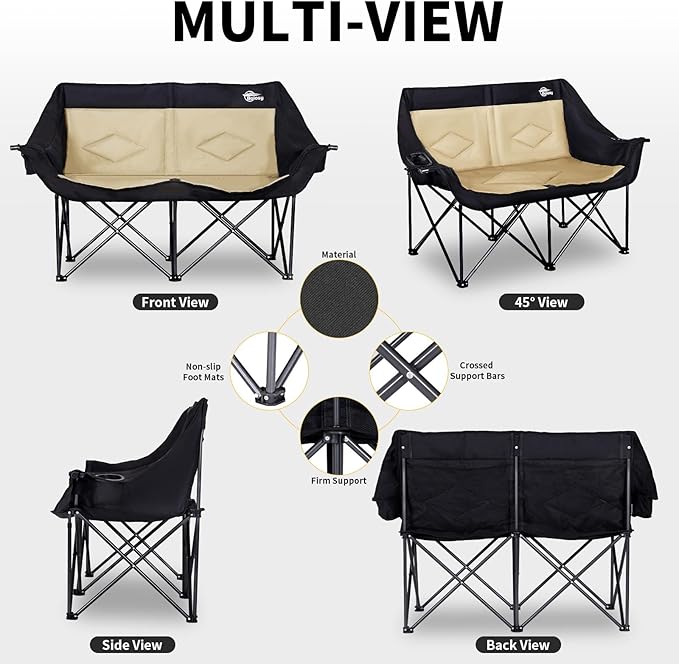 Bolosy Double Camping Chair Loveseat Camping Chair Double Folding Chair Camp Chairs for Adults Heavy Duty Two Person Camp Chair Padded Camping Couch 2 Person Lawn Chairs - Support 650 lbs - Khaki