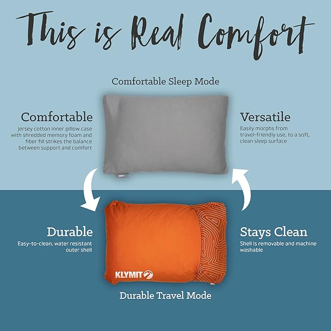 Klymit Drift Camping Pillow | Lightweight, Travel Head Rest for Sleep Filled with Shredded Memory Foam, Reversible Outer Cover for Extended Use, Large Size — Orchid