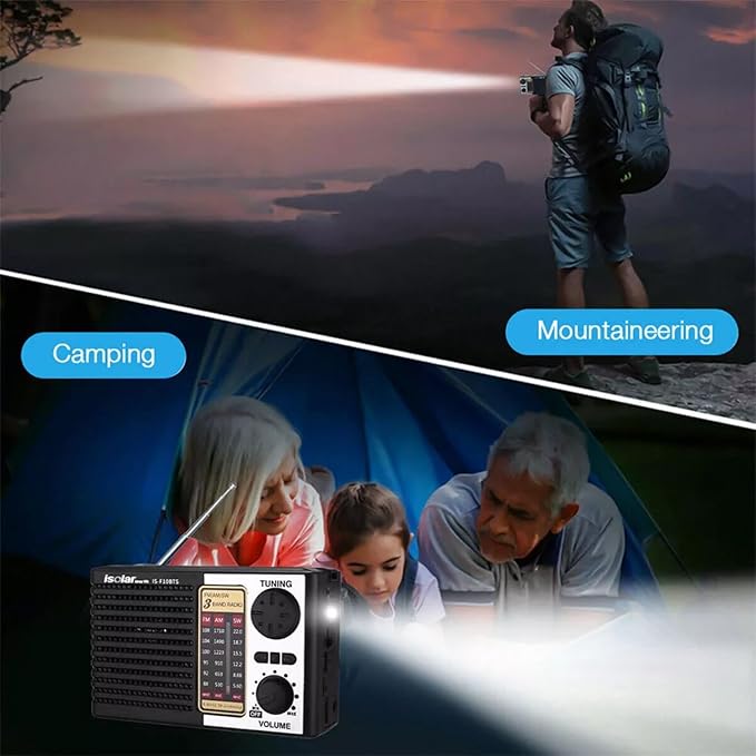ikaufen Solar Portable FM/AM SW Radio Digital Bluetooth Speaker MP3 Player Rechargeable Comes with a Flashlight and Wrist Strap