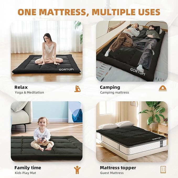 Full Size Japanese Floor Futon Foldable Futon Mattress for Floor Tatami Mattress Portable Bed for Guest Playmat for Kids Tatami Sleeping Pad Japanese Mattress for Adults Black A
