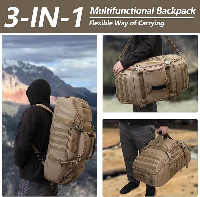 Hannibal Tactical 55L Large Duffle Bag, 3-in-1 Tactical Backpack MOLLE Pack for Gym, Sports, Outdoor, Coyote