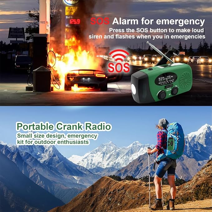 2000mAh/7400mWh Emergency Hand Crank Radio, NOAA Emergency Weather Radio Flashlight (Army Green)