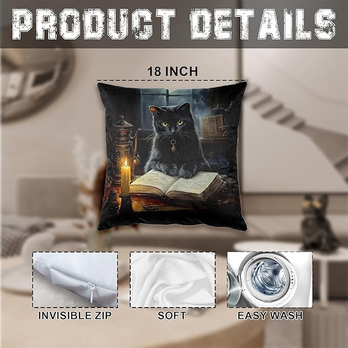 Dark Academia Witchy Black Cat Pillow Covers 18x18, Gothic Moody Reading Cat Decorative Throw Pillow Covers for Home Bedroom Library Reading Room Nook Corner