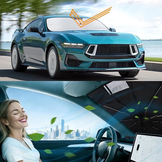 Windshield Sun Shade Custom Fit for 2015-2026 Fo-rd Mustang Accessories Foldable Sunshade Sun Blocker Protect Car from Sun Rays & Heat Damage Keep Car Cooler