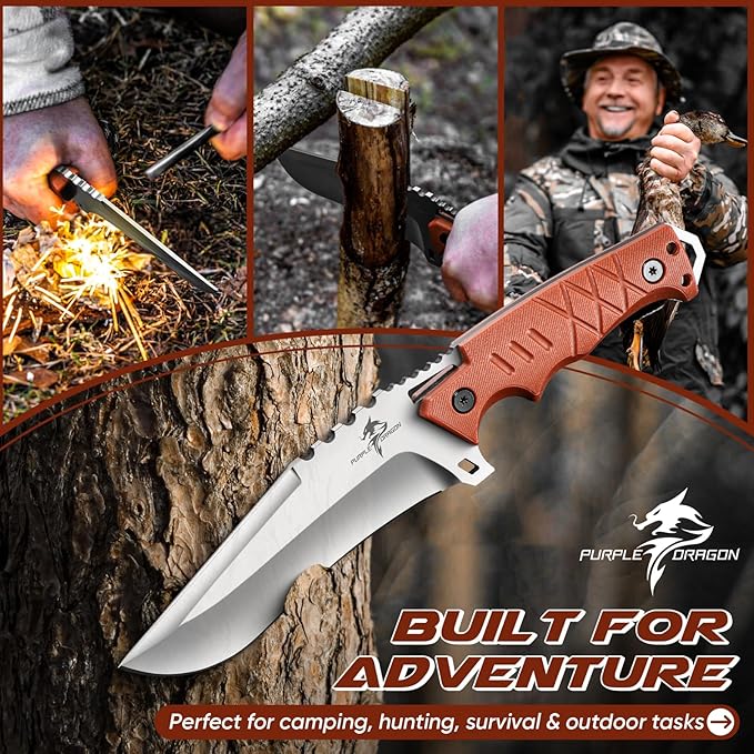 Purple Dragon Camping Knife with Sheath - D2 Steel Survival Knives for Bushcraft - Ergonomic G10 Handle Outdoor Survival Gear Christmas Gift for Men and Women