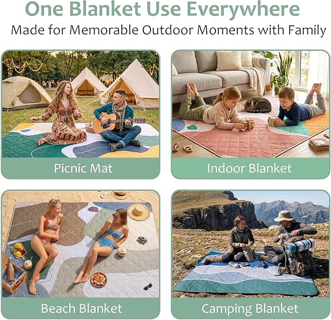 Exclusivo Mezcla Waterproof Picnic Blankets 60x80 Inch, 3 Layer Extra Large, Sandproof and Foldable Outdoor Blanket for Beach Camping, Park and Travel
