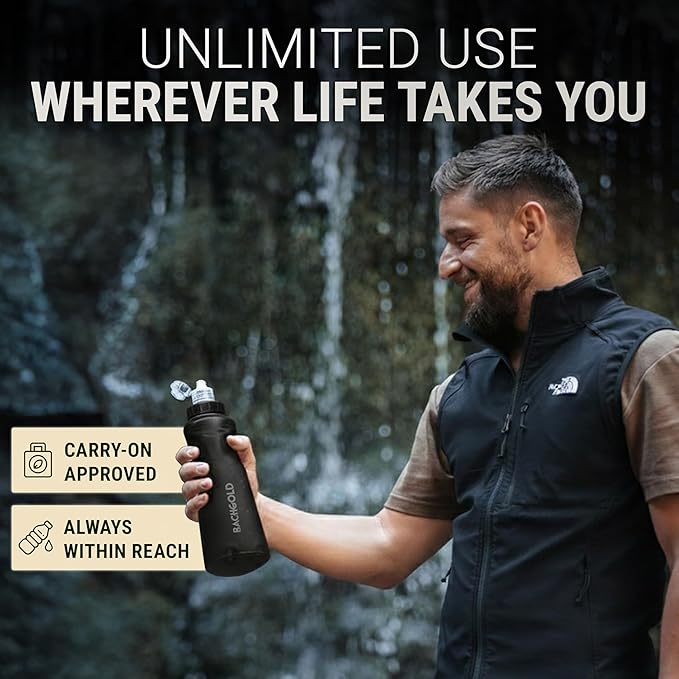 Water Filter Camping – Bachgold Squeeze Foldable Squeeze Bottle | Ultralight Backpacking Filtration for Hiking, Survival & Emergency | Dual-Stage Filtration, Swiss Design