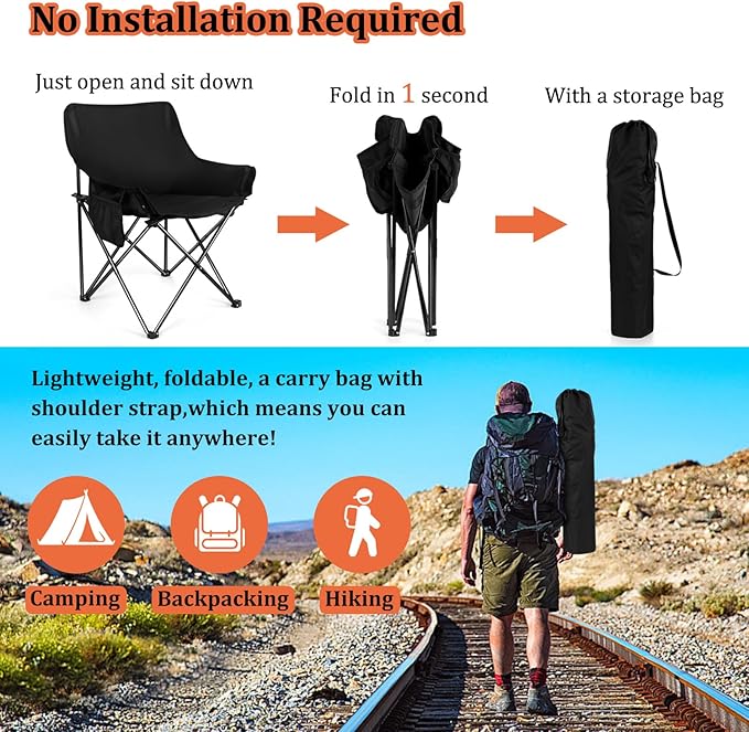 Joyfair Outdoor Camping Chair for Adult, Large Portable Folding Moon Chairs with Carry Bag for Patio Beach, Fishing, Lawn and More Outdoor Sports, 600D Oxford Fabric & Heavy Duty Steel (1, Black)