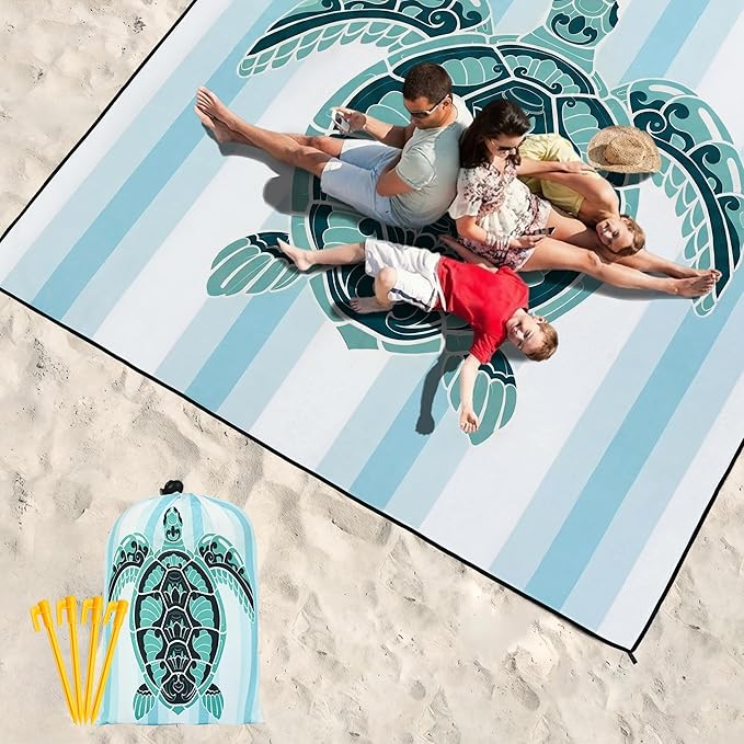 HIHOHO Beach Blanket Waterproof Sandproof Beach Mat 79”x 83” for 1-8 Adults Quick Drying Durable Outdoor Picnic Mat for Beach Festival Travel Camping Hiking (GN-Stripes Seaturtle, 79"×83"(4 Person))