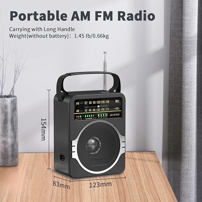 JEUJUG Portable AM FM Radio, Bluetooth 5.0 Radios 5 Watts Loud Speaker,FM Radio Built-in Rechargeable Battery/DC D*4 Cell Battery Operated & AC Power Plug in Wall Black