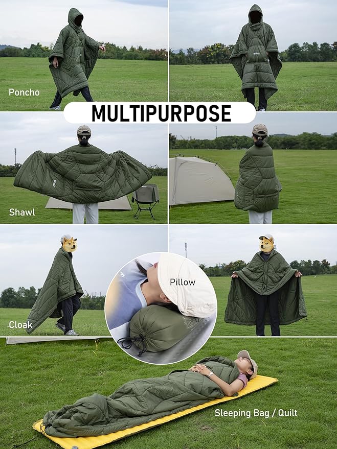 WildCall Hooded Camping Blanket with 3M Thinsulate Insulation Wearable Poncho Blanket Ultralight Foldable Quilt Sleeping Bag for Outdoor, Hiking, Stadium