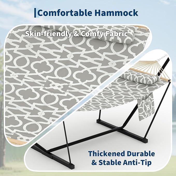 Garvee Double Hammock with Stand for Outdoor, Heavy Duty Portable 2 Person Hammock with Adjustable Steel Stand for Patio, Garden, Beach, Backyard