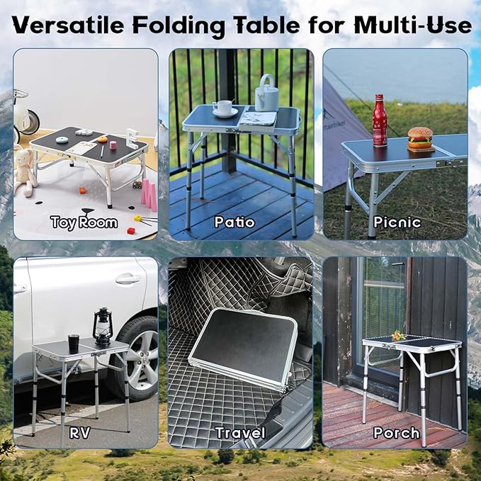 YihuiKo Small Folding Table, Aluminum 24" x 16" Adjustable Height Max 27.5" Folding Camping Table with Carrying Handle, Lightweight, Portable Camp Table for Outdoor Indoor Picnic Beach, Black