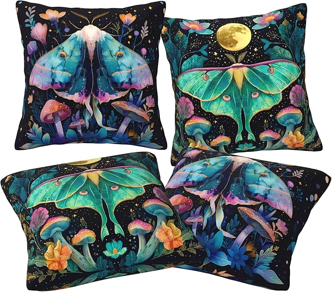 Flowers Moth Throw Pillow Covers 18 X 18 Inch Set of 4 Decorative Cushion Cover Home Decor for Sofa Chair Couch Bedroom Living Room