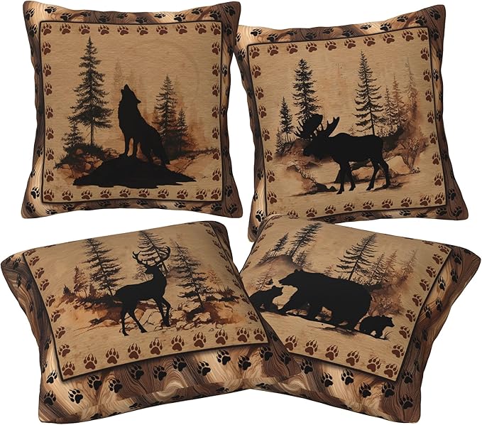 Deer Wolf Throw Pillow Covers 18 X 18 Inch Set of 4 Decorative Cushion Cover Home Decor for Sofa Chair Couch Bedroom Living Room