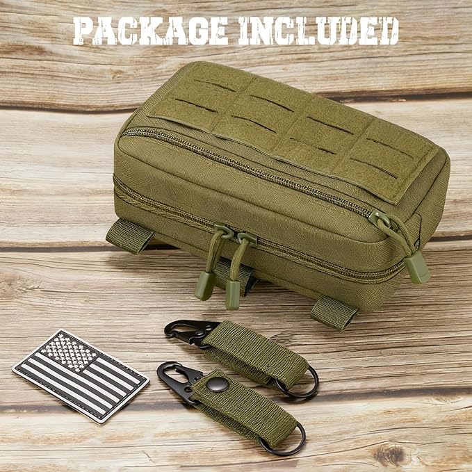 Tactical Molle Admin Pouch with 2 Keychains & US Flag Patch - Laser Cut EDC Modular Pouch for Outdoor, Survival, Daily Carry