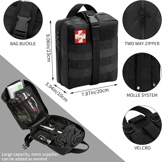 145 Pieces Emergency Survival Camping Kit, Molle First Aid Kit with Splint for Trauma Wound Care Blow Out for Outdoor Tornado Preparedness Kit, Black