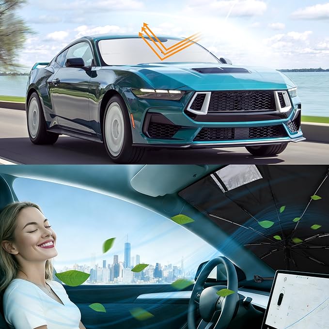 Windshield Sun Shade Umbrella Custom Fit for 2015-2026 Fo-rd Mustang Accessories Foldable Sunshade Sun Blocker Protect Car from Sun Rays & Heat Damage Keep Car Cooler