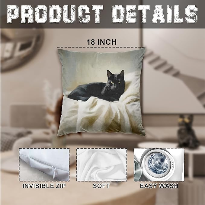 Vintage Black Cat Pillow Covers 18x18, Cat Home Room Decor, Rustic Neutral Black Cats Snuggled in Blanket Decorative Throw Pillow Covers for Home Bedroom Living Room