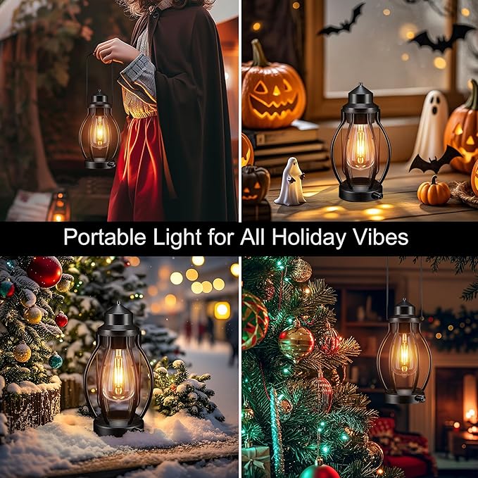 pearlstar Rechargeable Camping Lanterns 2 Pack Black Portable LED Decorative Lamps Outdoor Indoor Battery Operated/USB-C Charge, Dimming Edison Blub light with Timer, for Table Patio Garden Yard Porch