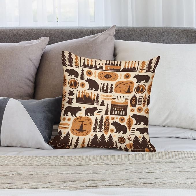 ITFRO Set of 2 Birthday Gift Nature Wildlife Bear Deer Forest Bonfire Pine Tree Short Plush Both Sides Square Retro Checkered Throw Pillow Cover Cushion Case Farmhouse Sofa Decor 18x18 Inches (Khaki)