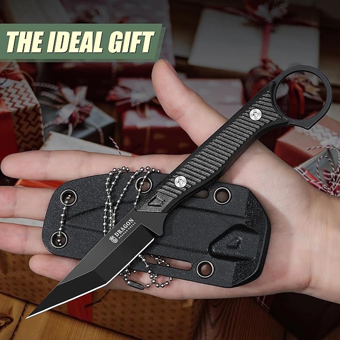 Dragon Creek Outdoor Neck Knife – Small Full Tang Fixed Blade Knife with Sheath and Chain Black Christmas Thanksgiving Gift