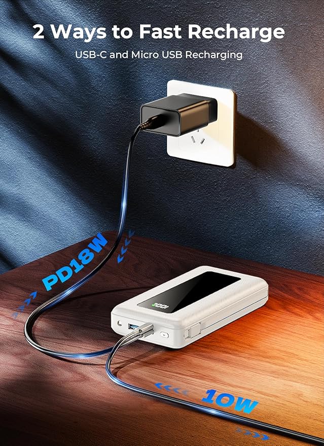 Portable Charger Power Bank, 50000mAh Travel Camping Essential Battery Pack with Built-in Cables, PD 22.5W Fast Charging, Ivory White