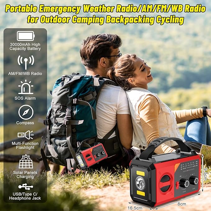 30000mAh Emergency Radio with NOAA Weather Alert, Emergency Hand Crank Weather Radio Portable AM/FM/NOAA Solar Radio with Compass SOS&Flashlight for Survival and Camping/Home (Red-30000mAh)