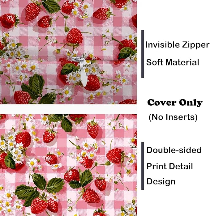 Strawberry Pink Gingham Throw Pillow Covers 18x18 Inch, Set of 2 | Square Cushion Covers for Couch & Living Room | Farmhouse Cottage Home Decor | Spring Summer Decorative Pillowcase