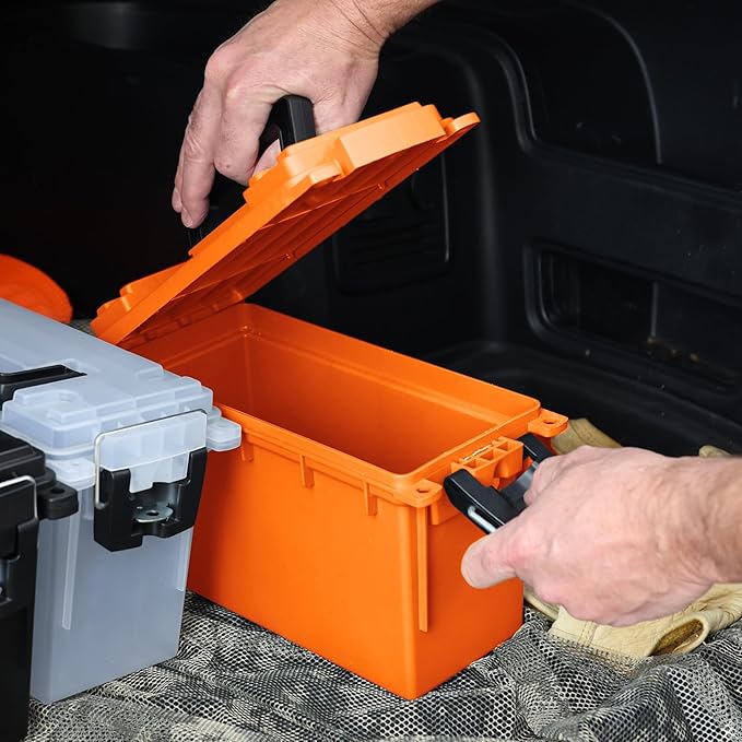 Sheffield 12630 Ammo Storage Box, Stackable .30 Cal Field Boxes, Water and Dust Resistant, Lockable Storage Box with Handle, Secures Hunting Gear, Supplies, and Bullets, Made in USA, Orange, 1-Pack