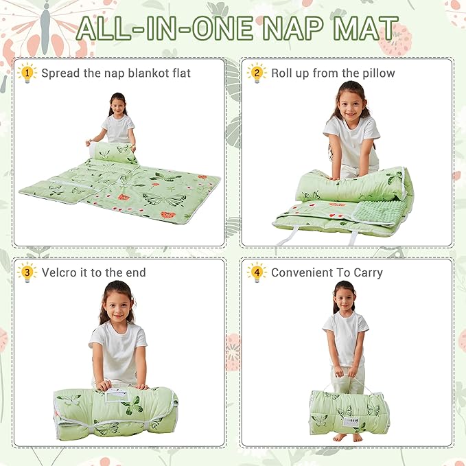Lasoftan Toddler Nap Mat with Pillow and Blanket, Extra Large Rolled Napping Mats,Slumber Bags for Boys Girls,Kids Sleeping Bag for Daycare, Preschool Travel Camping