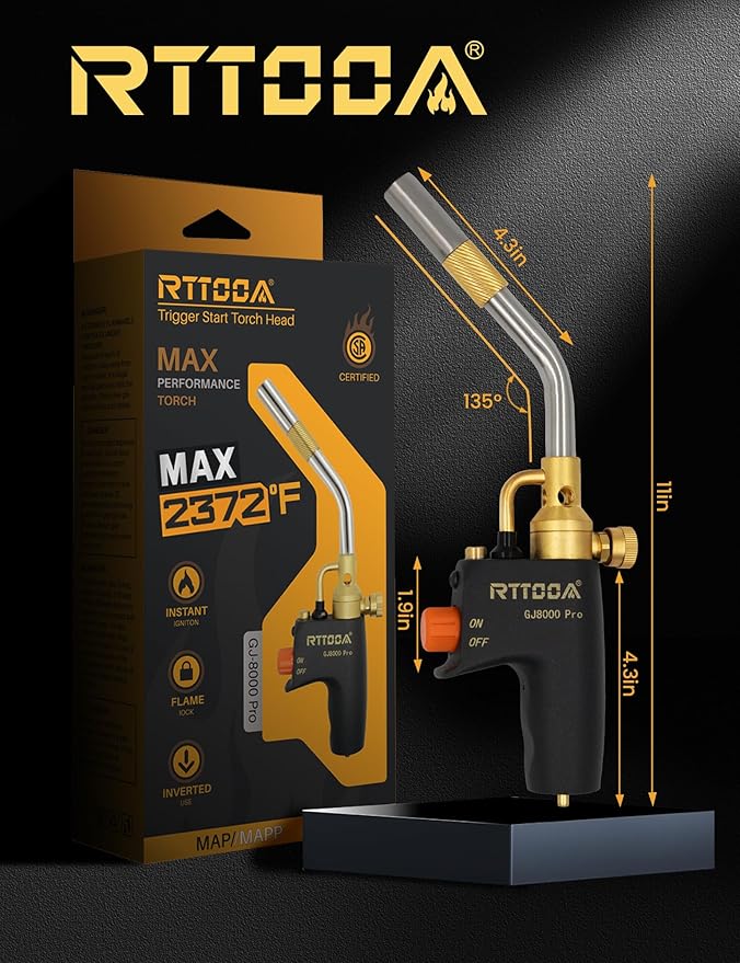 RTTOOA Propane Torch Head, GJ-8000pro High Intensity Torch Head, Trigger Start Gas Torch Kit for Propane, Pencil Flame Welding Torch Fuel by Mapp/Map/Propane, Soldering, Cooking(CSA Certified)
