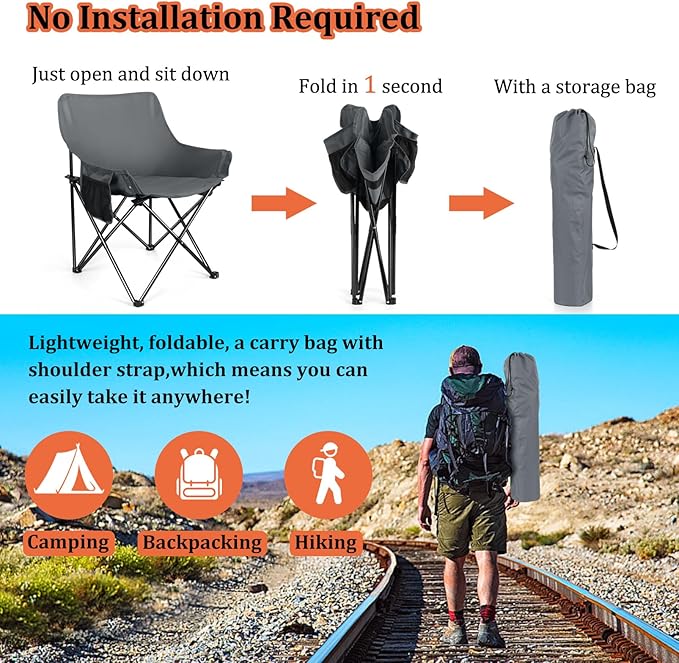 Joyfair Outdoor Camping Chair for Adult, Large Portable Folding Moon Chairs with Carry Bag for Patio Beach, Fishing, Lawn and More Outdoor Sports, 600D Oxford Fabric & Heavy Duty Steel (1, Grey)