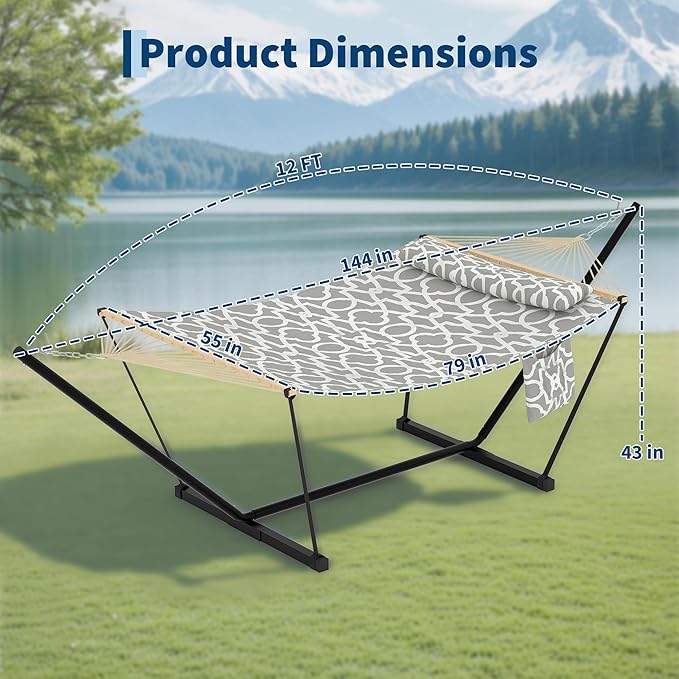 Double Hammock with Stand - Heavy Duty Portable 2 Person Design with Adjustable Steel Stand, Max 450LBS, Ideal for Outdoor Patio, Garden, Beach & Backyard