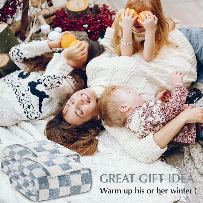 WRENSONGE Checkered Throw Blanket, Grey Blue Soft Cozy Fluffy Warm Hand Made Throw Blankets for Couch, Sofa, Chair, Bed, Camping, Picnic, Travel Lightweight Bed Blanket - 50"*60"