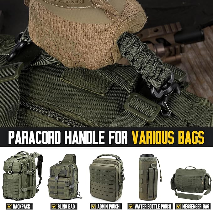 Tactical Paracord Handle,9-core Weaving Paracord Strap for Bag Strap Replacement,Molle Attachment with Metal/Plastic Clips for Backpack Sling Bags Water Bottle Holder