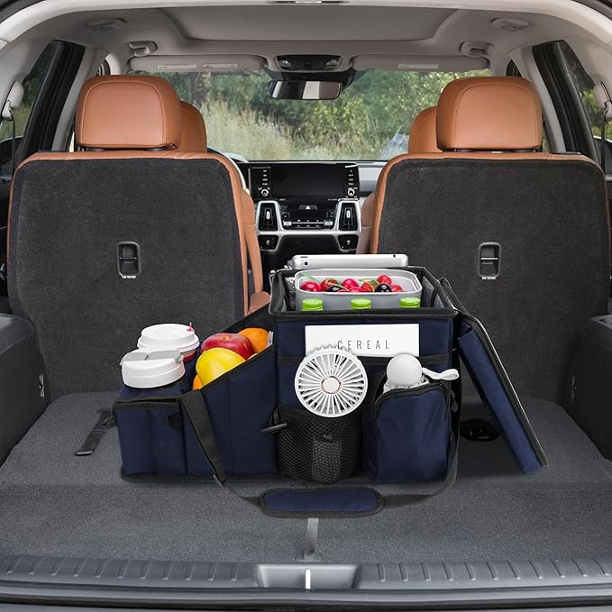 Car Organizer for Front Seat Organizer and Storage, Collapsible Car Caddy, Passenger Seat Organizer with Partitions & Cup Holders, Car Organization for kids and Adults (Blue)
