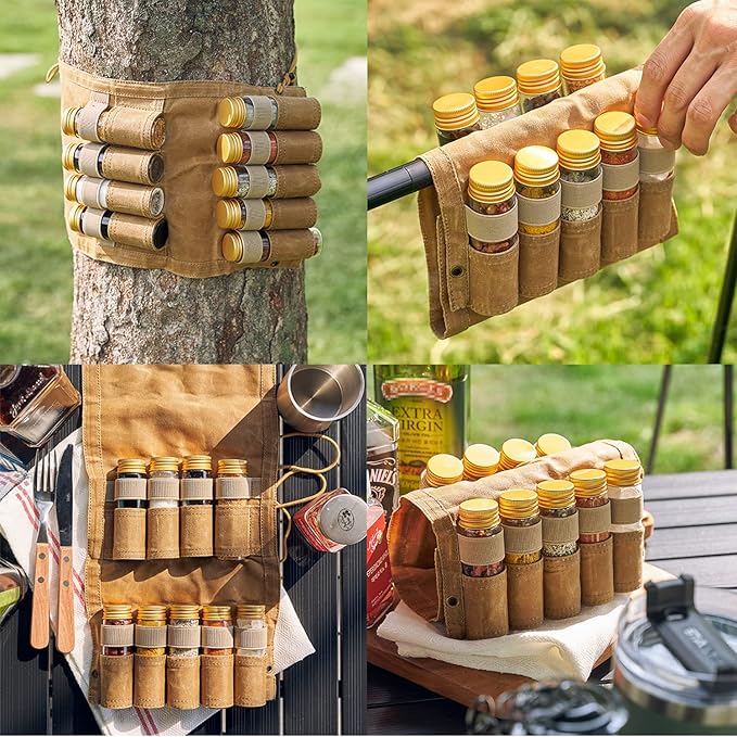 Camping Spice kit with 9 spice Jar,rope,Spice Labels Sticker,Silicone Collapsible Funnel, Canvas Travel Seasoning container, portable spice bag for travel (MILITARY GREEN)