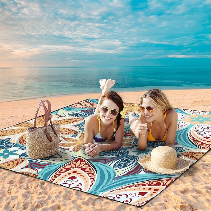 HIHOHO Beach Blanket Waterproof Sandproof Beach Mat for 1-8 Adults Quick Drying Durable Outdoor Picnic Mat for Beach Festival Travel Camping Hiking (Flourishing Blossom-R&GN, 79"×83"(4 Person))