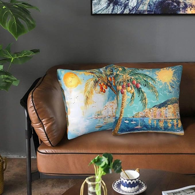 Tropical Palm Tree Art Throw Pillow Covers 18x18 inch Set of 2 Sunshine Pillow Case Cushion Cover for Home Sofa Couch Living Room Car Decor