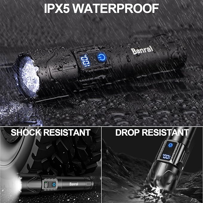 Banral Rechargeable Tactical Flashlights 2000 High Lumens - 5000mAh Super Bright LED Powerful Flash Light, Waterproof Handheld USB C Flashlight for Home,Car,Camping,Emergencies,5 Modes (2, Black)
